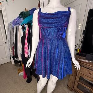 Blue Iridescent Glitter Knit Plus Size Jacquard Cowl Neck Dress